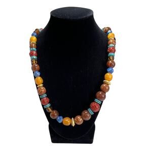 VINTAGE LIZ CLAIBORNE LCI Gold Tone Multicolor Beaded Necklace Statement